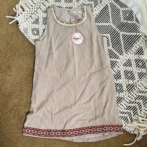 Beige Sleeveless Mini Dress with Embroidered Trim